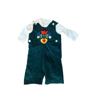 Vintage 70s 2T Romper JonJon 2pc Floral Embroidered Set EUC